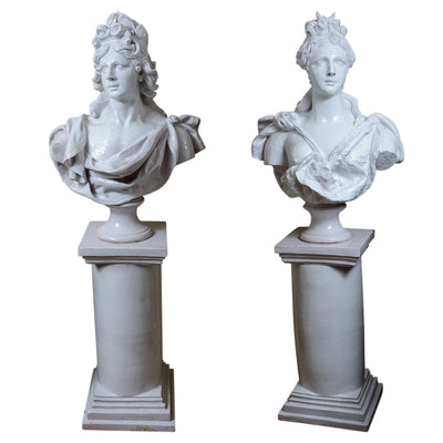 Pair of Carved Lady Busts on Pedestals