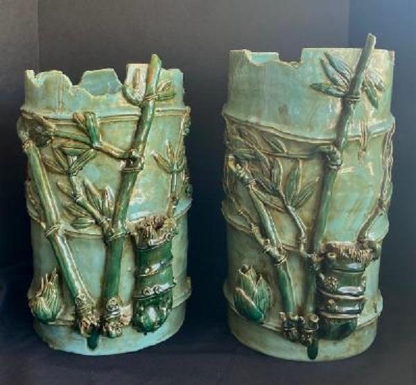 Contemporary Glazed Green Faux Bamboo Design Vases - Set of 2