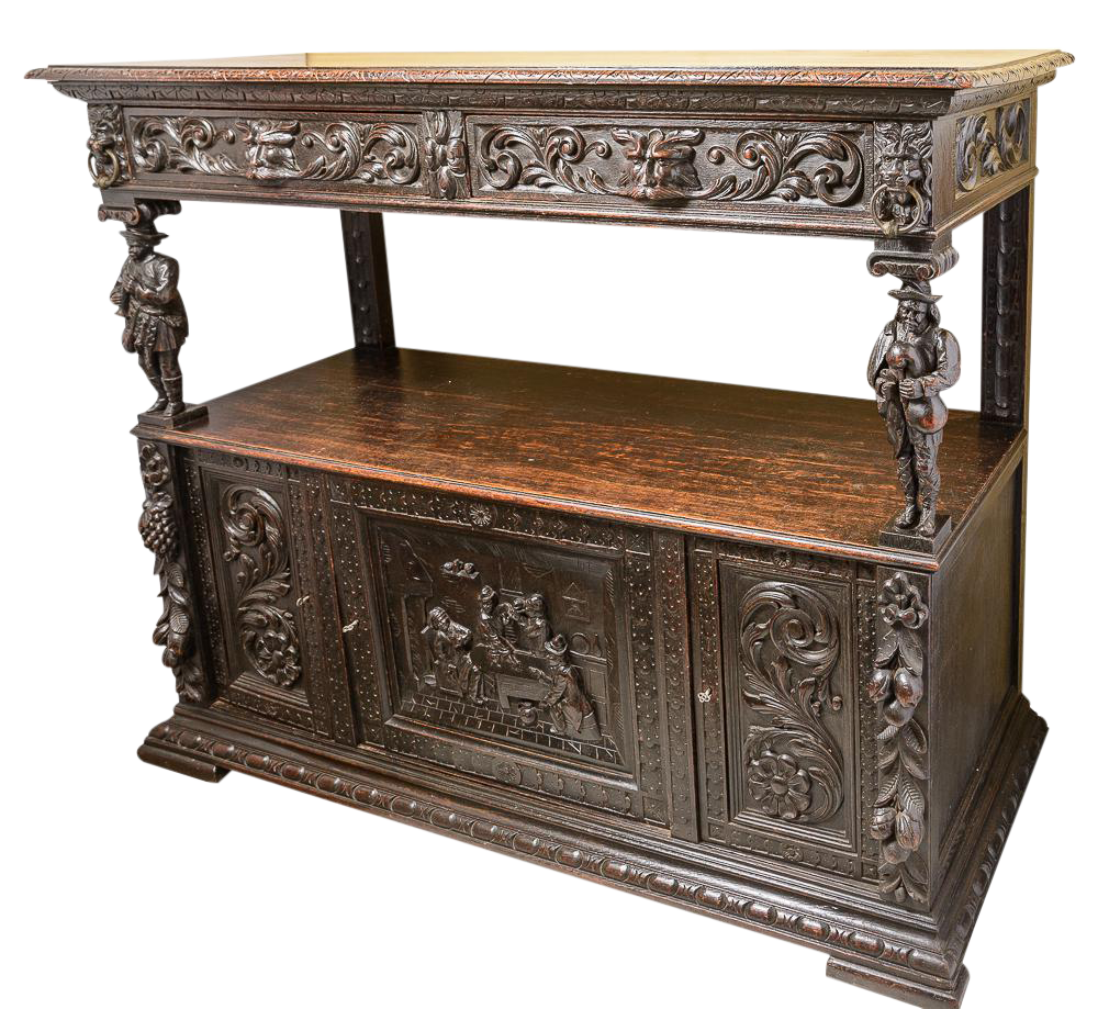 Antique English Carved Oak Server With Shelf and Doors