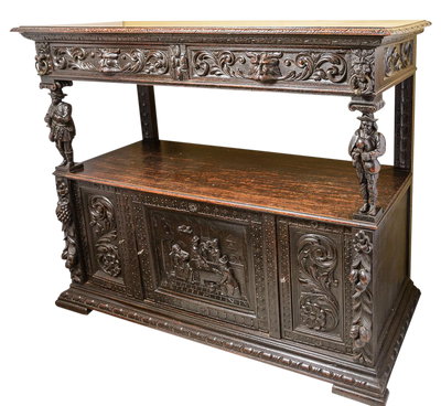 Antique English Carved Oak Server With Shelf and Doors