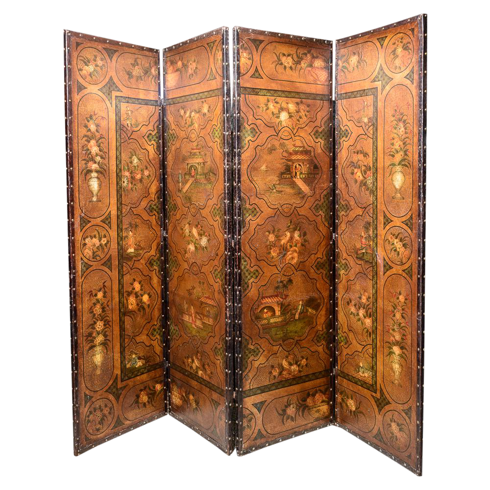 Antique English Painted Leather Screen