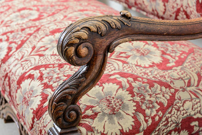 Antique French Oak Upholstered Settee With Carved Details