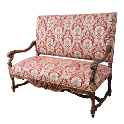 Antique French Oak Upholstered Settee With Carved Details