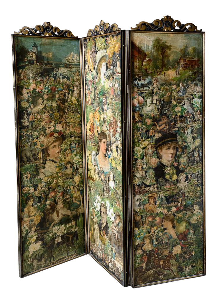 Antique Three Panel Decopauge and Painted Screen