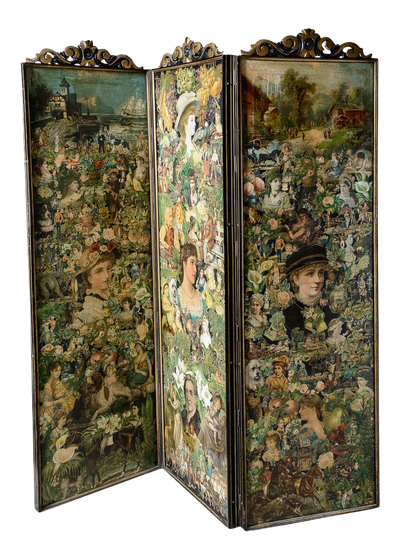 Antique Three Panel Decopauge and Painted Screen