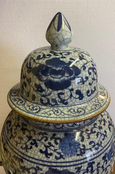 Asian Blue and White Covered Jar With Crackle Finish