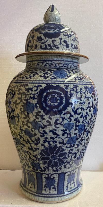 Asian Blue and White Covered Jar With Crackle Finish