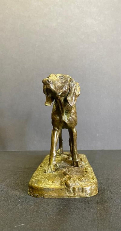 Bronze Dog Statue on Base by P J Mene